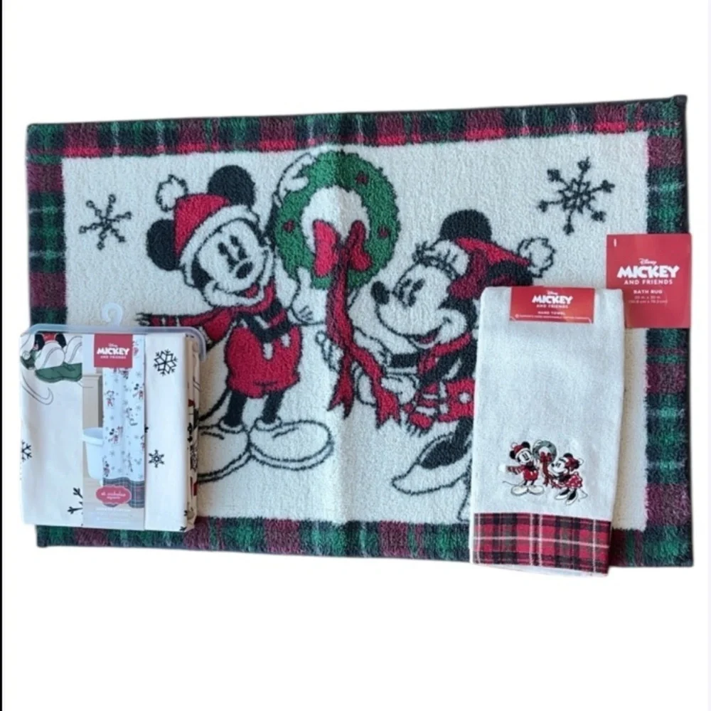 🆕 DISNEY Mickey and Minnie Shower Curtain Bath Rug Hand Towel Bathroom Set